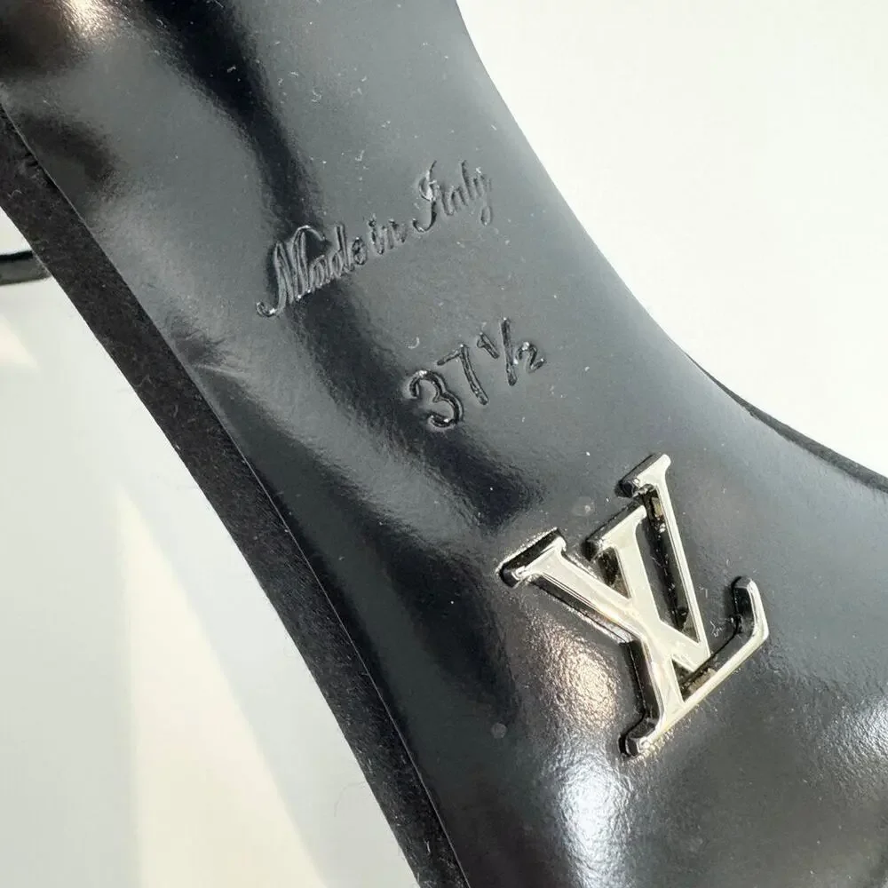 Louis Vuitton Black Satin Rhinestone Ankle Strap Heeled Sandals 37.5 NEW LV Shoe